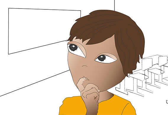 Auf dem Bild ist ein Junge mit braunen Haaren in einem Klassenraum abgebildet. Der Junge hält die Hand an sein Kinn und scheint nachzudenken.